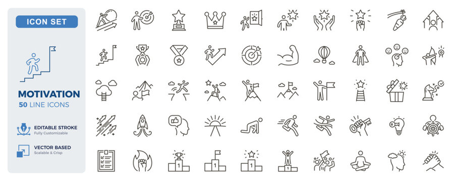Motivation, success and personal achievement icons. Goals, ambition and self improvement thin line icon set. Editable stroke vector illustrations.