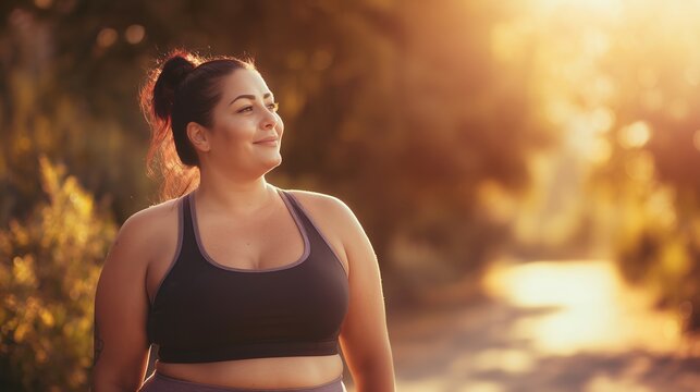 A plus-size woman in a sports bra smiles confidently during an outdoor workout surrounded by warm golden sunlight, embodying body positivity and active wellness.