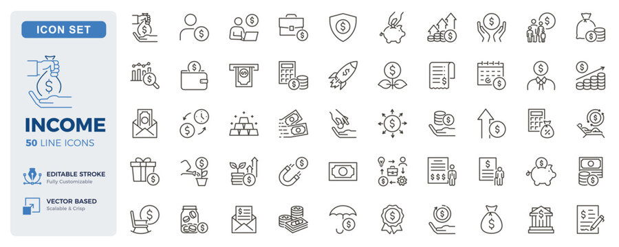 Income, personal finance and wealth management icons. Earnings, salary, investments and financial growth thin line icon set. Editable stroke vector illustrations.