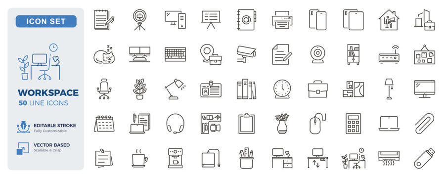 Workspace, office equipment and remote work icons. Office supplies, desk accessories and workplace essentials thin line icon set. Editable stroke vector illustrations.