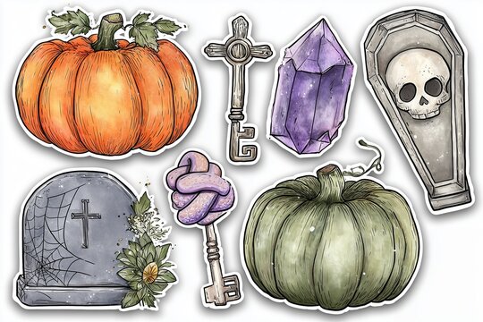 Halloween sticker set with illustrated pumpkins, tombstone, skeleton key, crystal gem, skull, and coffin arranged on white. Spooky festive clipart collection for seasonal design.