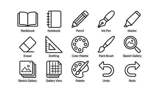 Sketchbook and drawing tool icons arranged on white background