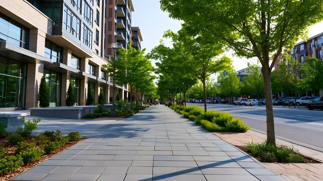Wide sidewalk lined with green trees and modern buildings under clear sky in an urban environment