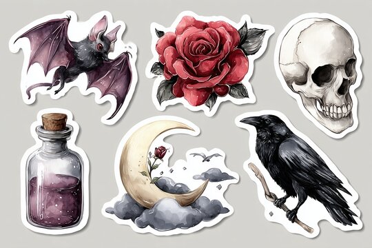 Gothic Halloween sticker set featuring a bat, red rose, skull, purple potion bottle, crescent moon, and black raven illustrated in dark vintage style on white.