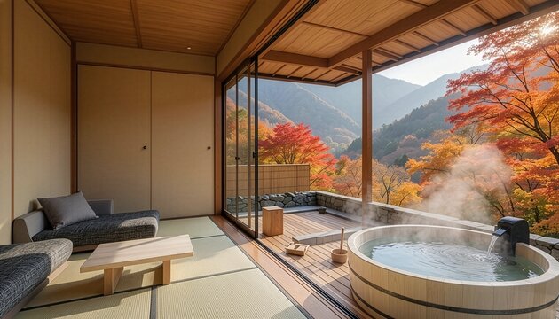 窓の外に美しい紅葉の山々が広がる高級温泉旅館の客室露天風呂、秋の和モダン、生成AI
