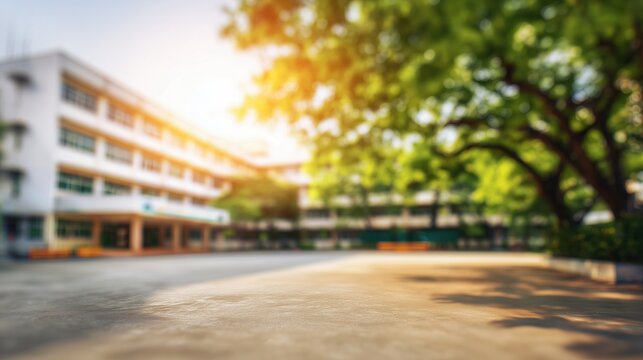 Blurred school building exterior surrounded by lush green trees in warm sunlight, evoking a calm, welcoming outdoor academic environment.