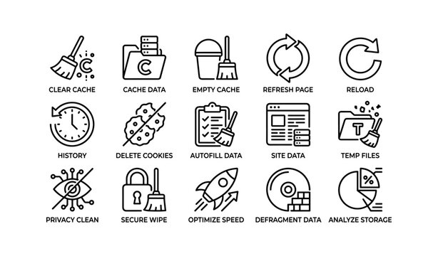 Browser cache and cleanup icons showing data maintenance actions