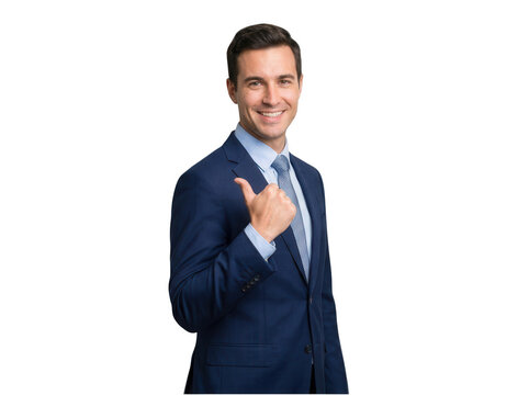 Young businessman in suit pointing thumb back isolated on transparent layer