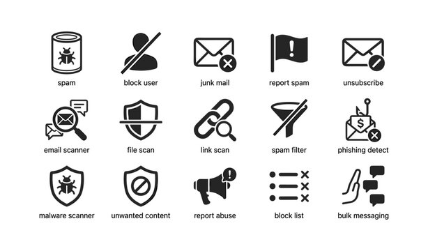 Email security icons illustrating spam, scanning and moderation tools