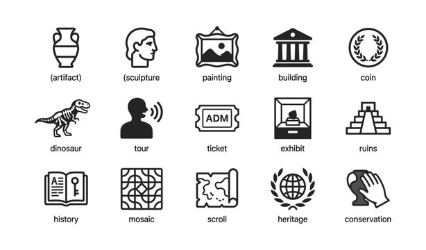 Museum heritage icons of exhibits tours and conservation on white