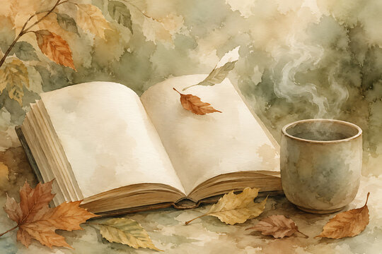 Cozy autumn watercolor open book beside steaming cup, dry leaves, soft green tones, peaceful reading moment with blank journal pages