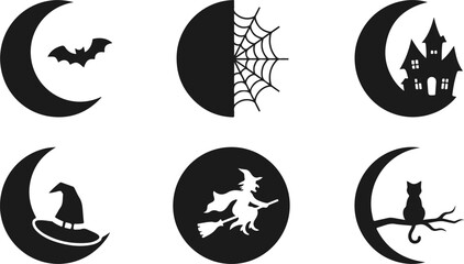 Fototapeta premium Set of black moons in a grunge brushstroke style. Goth moon for design and prints. Vector illustration isolated on a white background. and six unique witch hat designs in black and white