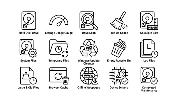 Hard disk and storage maintenance icons on white background