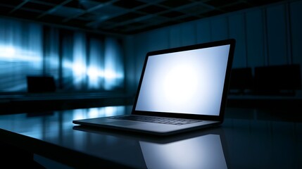 Fototapeta premium A glowing laptop sits on a dark desk in an empty office with blue ambient lighting and blurred background screens