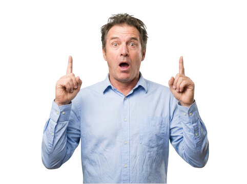 Surprised man pointing both fingers up isolated on transparent background