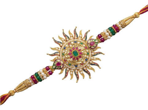 Sunburst design Indian gold Rakhi bracelet isolated on transparent background