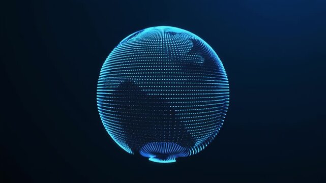 Abstract blue digital globe rotating slowly on dark background motion graphics