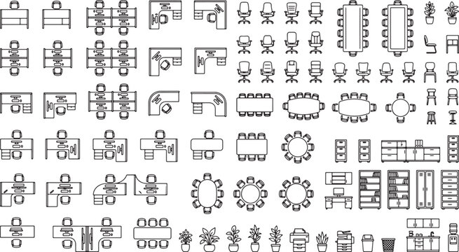 Office furniture top view icons set for architectural floor plans and interior design layout vector illustration