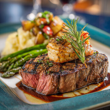Grilled steak with seared jumbo shrimp and asparagus.