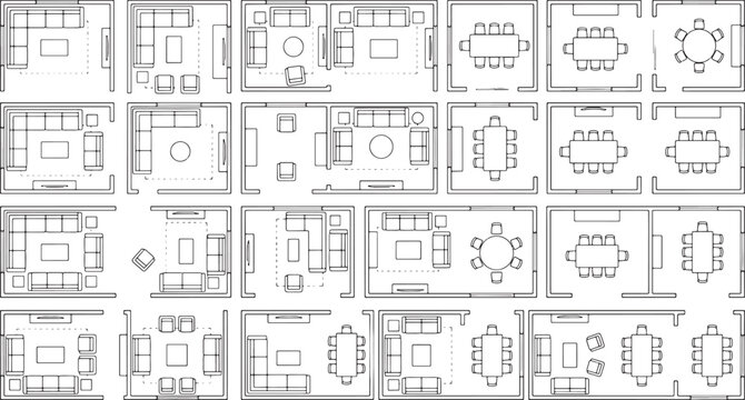 Set of architectural floor plan symbols featuring various living room and dining room furniture layout arrangements