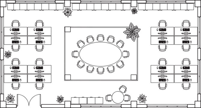 Top view office floor plan layout with workstations and central meeting table in black and white vector