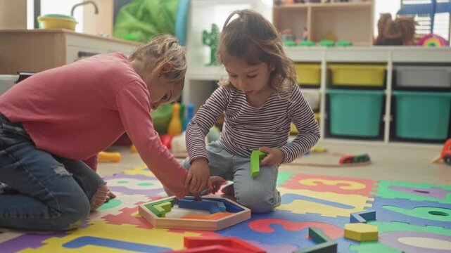 Two girls playing with wooden shape blocks, one holds a green piece and places it into a puzzle on foam mat in a daycare building; calm concentration.