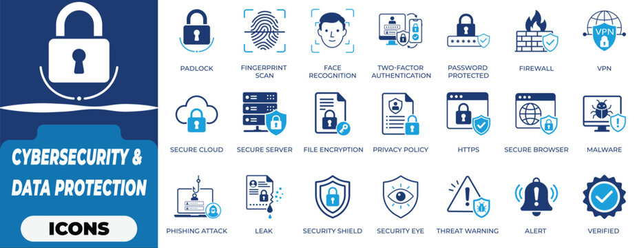 Cyber Security and Data Protection Flat Icon Set for Network Safety, Privacy Policy, Cloud Encryption, VPN, Firewall, Malware and Phishing Threat Warning.