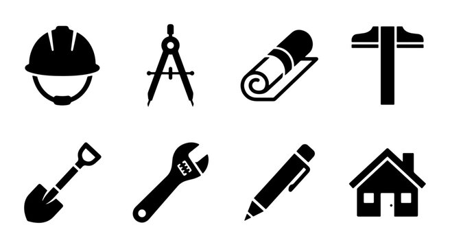 Construction Icons Set: Safety Helmet, Compass, Blueprint, T-Square, Shovel, Wrench, Pen, House