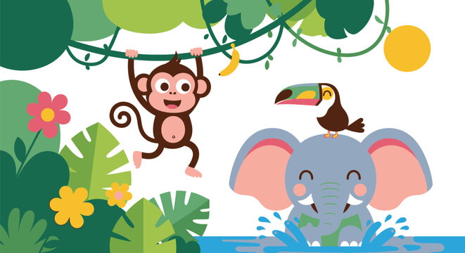A playful monkey hangs from a vine next to a smiling elephant and a colorful toucan in a vibrant jungle scene with lush foliage and bright flowers.