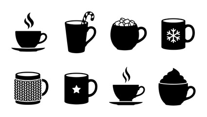 Obraz premium Hot Beverage Mugs Vector Icons Set, Coffee Cup Collection, Winter Drinks, Warm Beverages