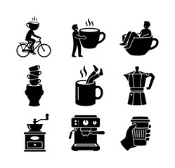 Obraz premium Coffee Icons Set: Espresso Machine, Moka Pot, Grinder, Cups, Lifestyle