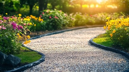 Naklejka premium A Beautiful Serene Garden Features a Winding White Gravel Pathway Lined with Seasonal Flower Beds.