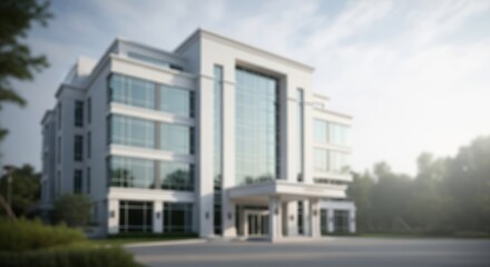 Obraz premium Blurred modern office building exterior with glass windows and bright sky