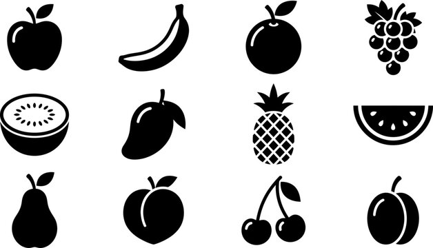 Set of black fruit icons representing various healthy fresh food items.