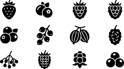 Set of black and white berry icons including strawberry blueberry raspberry and gooseberry. © Dhea
