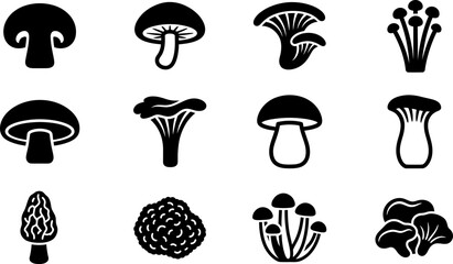 Set of black and white mushroom icons and symbols. © Dhea