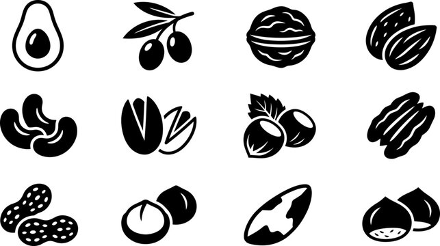Collection of black and white icons featuring various nuts seeds and fruits.