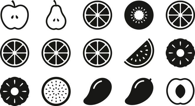 Set of Various Fruit Slices and Whole Fruit Silhouette Icons.