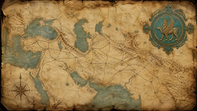 Persian Ancient Empire Antique Geographic Map with Caravan Routes Parchment Background Banner