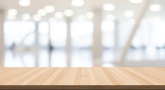 Empty wooden table top with blurred modern office background