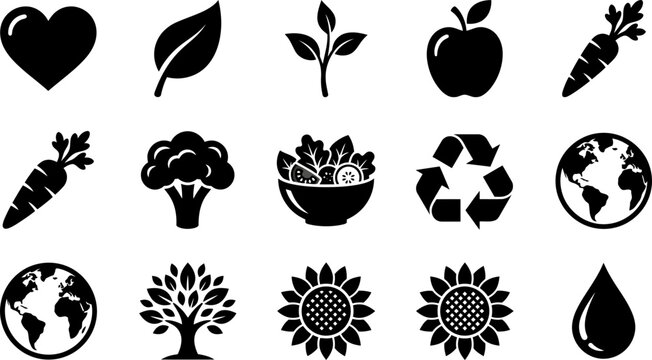 Set of black silhouette ecology and healthy lifestyle icons.