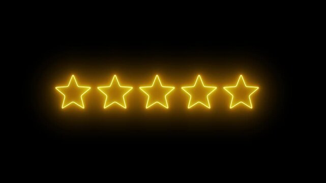 Animated Glowing Yellow Neon 5 Five Star Rating Quality Feedback Loop on Black Background