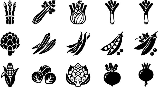 Set of black and white vegetable icons for healthy food design.