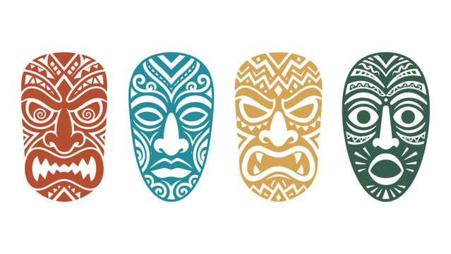 Colorful tribal masks with intricate designs on white background
