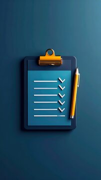 Stylized checklist clipboard with pencil on deep blue background, planning concept