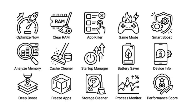 Array of device optimization and utility symbols on white background