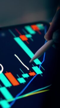 Arrow Candlestick Financial Chart Tablet Screen Close up view investor performing technical analysis making notes  digital display