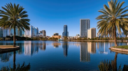 Obraz premium City skyline reflected in calm lake with palm trees