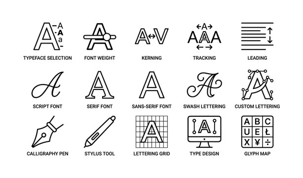 Typography icons illustrating font types and lettering tools grid