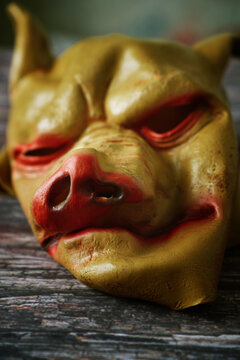 Closeup of rubber pig mask for Halloween party decor